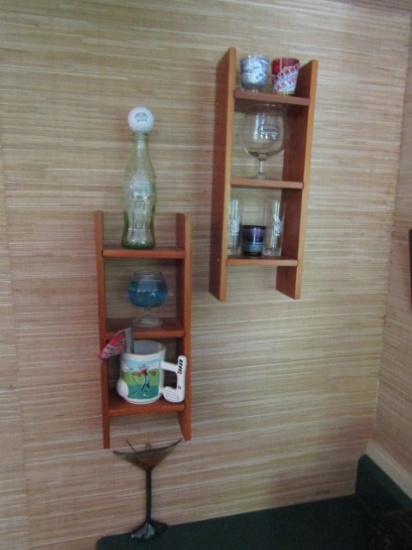 2 Wood Wall Hanging Display Shelves W/ Contents And Metal Martini Glass Display