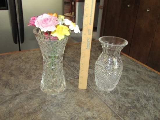 2 Cut Lead Crystal Vases And Porcelain Flowers