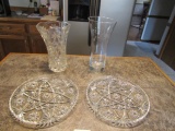 Vtg Cut Lead Crystal Vase, Etched Crystal Vase And 2 Lead Crystal Serving Plates