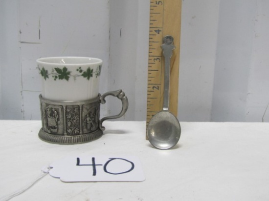Vtg S K S Zinn Pewter Tea Cup Holder, Porcelain Tea Cup And A Stieff Pewter