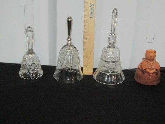 3 Lead Crystal Bells And A Pottery Bell