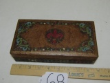 Vtg Leather Covered And Lacquered Inside Desk Box W/ Fleur De Lis Designs