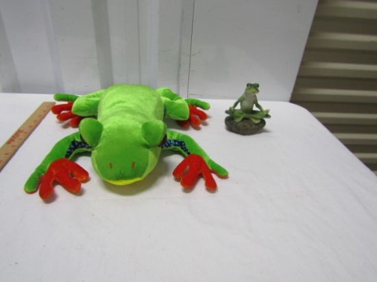 Nice Frog Plush Toy And A Frog On A Rock Figure