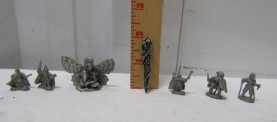 6 Vtg Ral Partha Pewter Figures And A Pewter Sword Pendant W/ Rhinestone