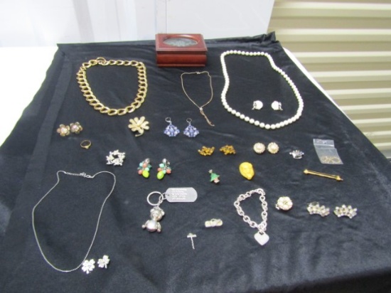 Lot Of Miscellaneous Costume Jewelry Including Small Wood Jewelry Box