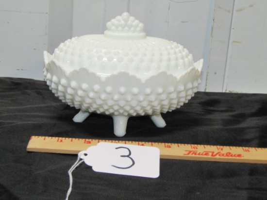 Beautiful Fenton Hobnail Footed Milk Glass Candy Dish W/ Lid