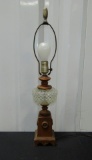 Vtg Rustic Wooden Lamp with Glass Hobnail Center