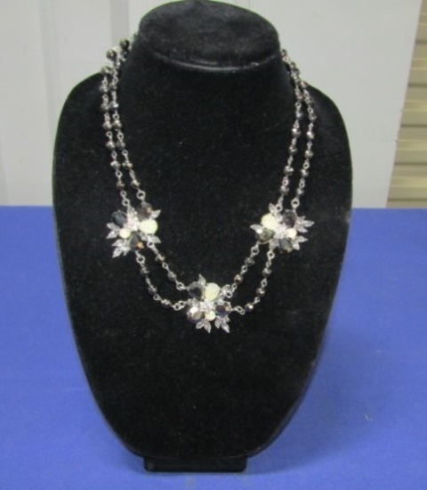 Silver Tone W/ Rhinestones And Hematite Double Strand Necklace Signed N Y