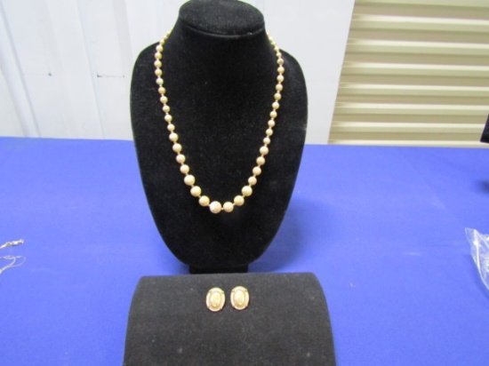 Gold Tone Marble Beaded Necklace W/ Matching Pierced Earrings