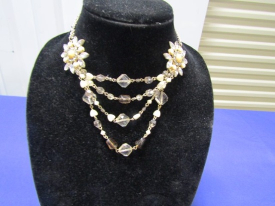 Gold Tone 4 Strand Choker Necklace W/ Lots Of Rhinestones And Stones