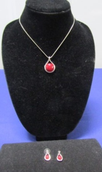 Matching Silver Tone Necklace, Pendant And Earrings W Red Polished Stones