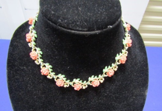 Beautiful Choker Necklace W/ Carved Coral Flowers, Jade Enameled Leaves And