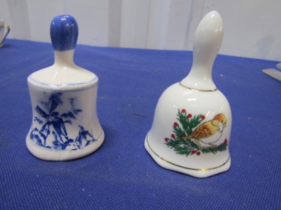 2 Porcelain Bells W/ Clappers, Left Is A Blue Delft