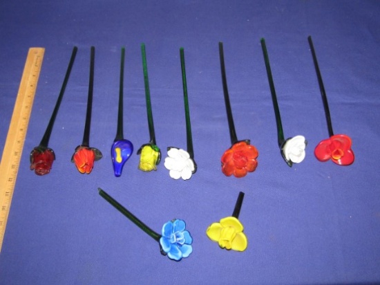 8 Art Glass Flowers W/ 12" Stems And 2 W/ Broken Shorter Stems