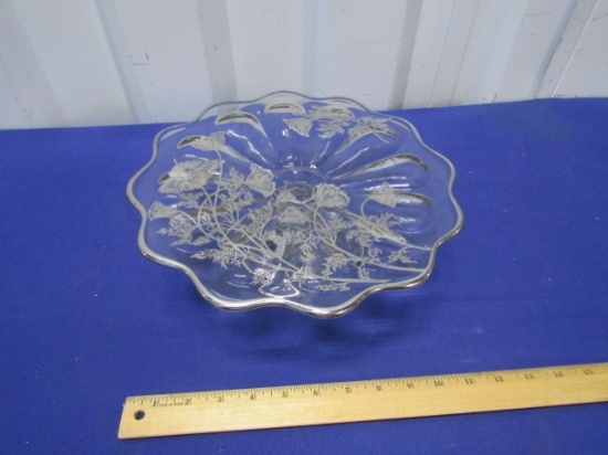 Vtg Crystal Pedestal Cake Stand W/ Inlaid Silver Designs