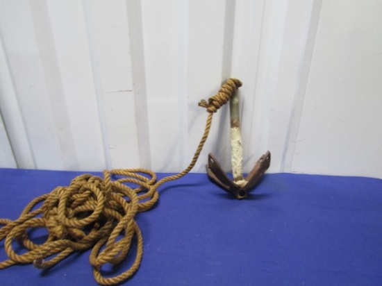 Vtg Hand Made Boat Anchor W/ Heavy Rope