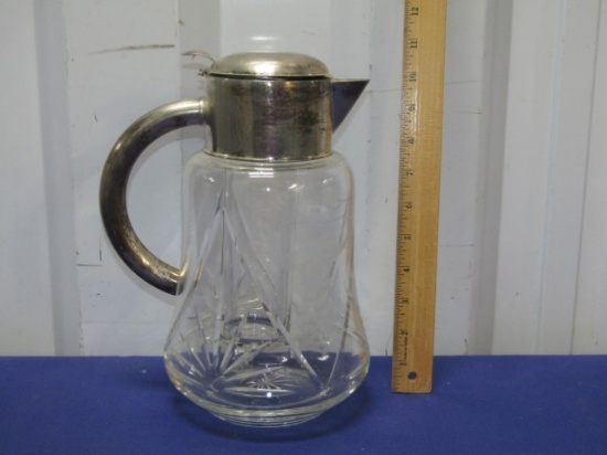 Vtg 1950s H K E ( Hans Knabel Esslingen ) Etched Crystal Pitcher W/ Glass Ice Cube Insert