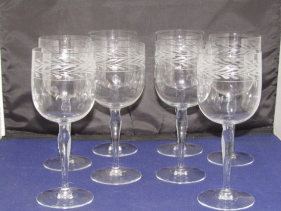 Set Of 8 Etched Crystal Wine Stemware Glasses
