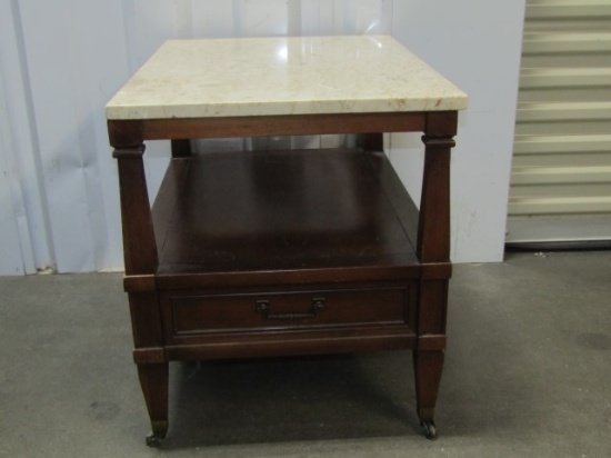 Vtg Marble Top End Table W/ Drawer And On Rollers (LOCAL PICK UP ONLY)