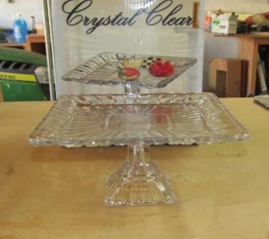 N I B 11" Square Pedestal Cake Plate By Crystal Clear