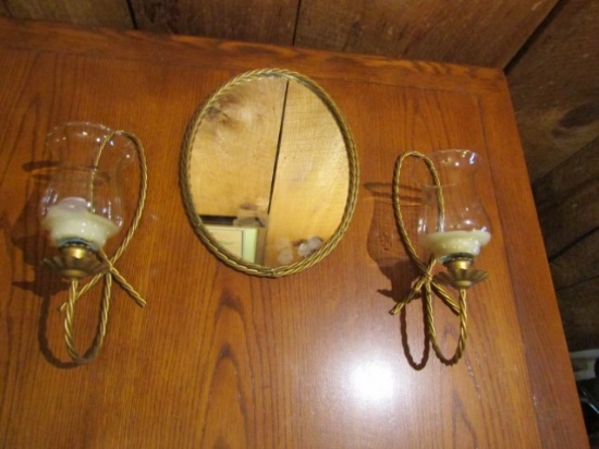Twisted Gilt Wrought Iron Mirror And 2 Candle Holders