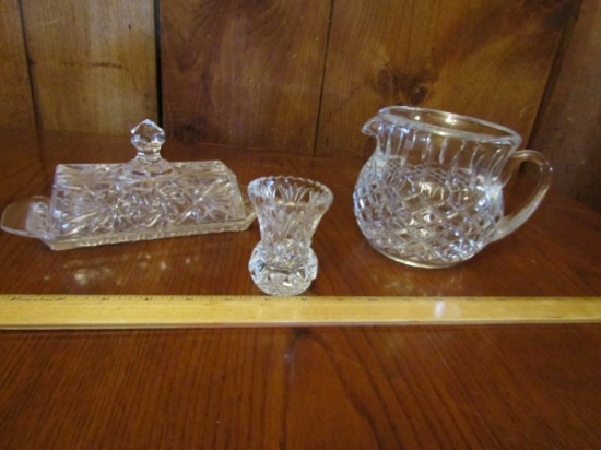 Vtg Lead Crystal Butter Dish, Toothpick Holder And Heavy Juice Pitcher