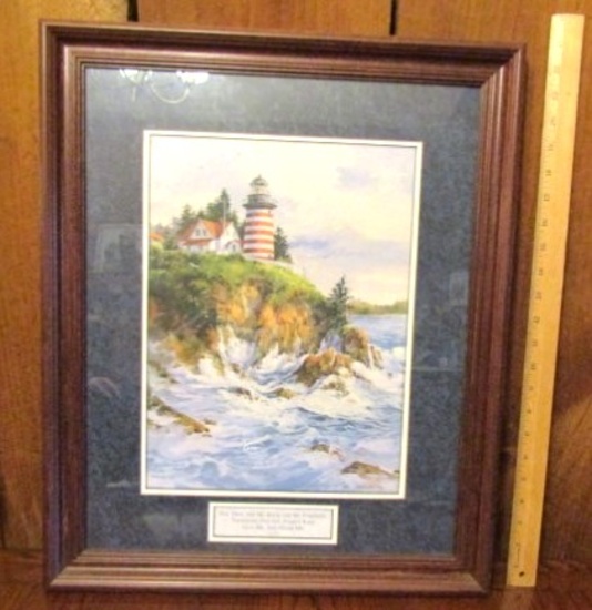 Vtg Framed And Double Matted Lighthouse Print W/ Psalm 31:3 Verse