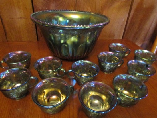 Vtg Blue Carnival Glass Punch Bowl W/ 11 Matching Punch Cups