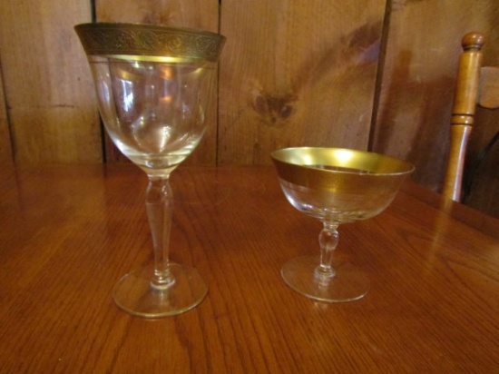 2 Crystal Stemware Glasses W/ Thick Designed Gold Rims