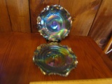 Matching Pair Of Blue Carnival Glass Serving Plates W/ Pinched Ruffle Edges