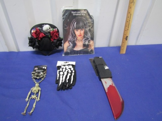 New Halloween Lot: Skull Veil, Wig, Skeleton Necklace, Skeleton Gloves And