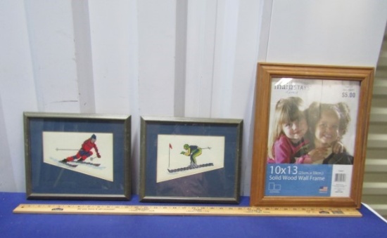 2 Hand Made Needlepoint Skiers And A 10" X 13" Frame
