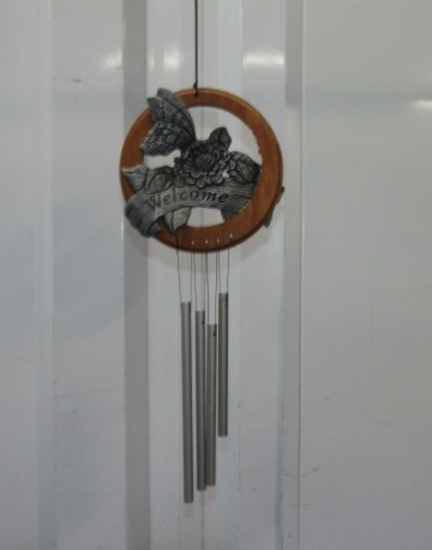 Nice Welcome Porch Wind Chime W/ Pewter Butterfly And Flower