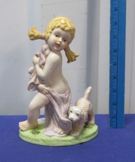 Vtg Coppertone Girl Style Porcelain Figurine - Girl W/ Dog And Towel Figurine