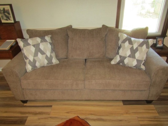 Nice Fabric 7 Foot Sofa W/ Throw Pillows Shown (LOCAL PICK UP ONLY)