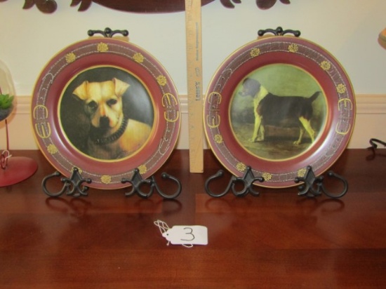 2 Raymond Waites For Toyo Painted Ceramic Plates W/ Dogs And 2 Wrought Iron Stands