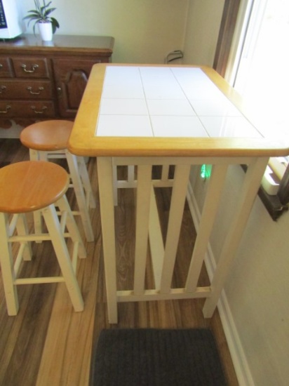 Modern Wood W/ Tile Top Table W/ 2 Wood Bar Stools  (LOCAL PICK UP ONLY)