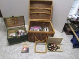 Vtg Sewing Lot: Rattan Basket W/ Contents Including Old Box (LOCAL PICK UP ONLY)