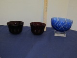 2 Ruby Red Cut Bohemian Glass Bowls And A Cobalt Blue Cut Bohemian Glass Bowl