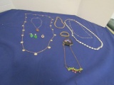6 Necklaces, Pair Of Jade Leaf Earrings, Pendant And A Bracelet