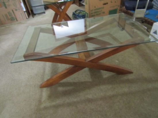 Modern Glass Top W/ Solid Wood Base Coffee Table (LOCAL PICK UP ONLY)
