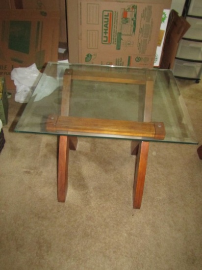 Modern Glass Top W/ Wood Base End Table (LOCAL PICK UP ONLY)