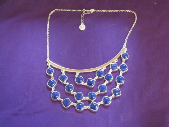 Liz Claiborne Silver Tone W/ Blue Stones Bib Necklace