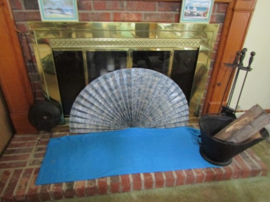 Fireplace Set: Fan Screen, Popcorn Popper, Tool Set And Coal / Wood Bucket (LOCAL PICK UP ONLY)