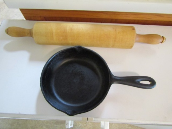 6 5/8" Cast Iron Skillet And A Vtg Wood Rolling Pin