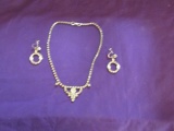 Vtg Silver Tone W/ Sparkling Clear Rhinestones Necklace And Matching Screw Tight Earrings