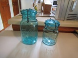 2 Blue / Green Glass Ball Ideal W/ Wire Clamp Lids