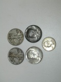 Five 90% Silver Coins: 2 Walking Liberty Halves, 2 Kennedy Halves And A