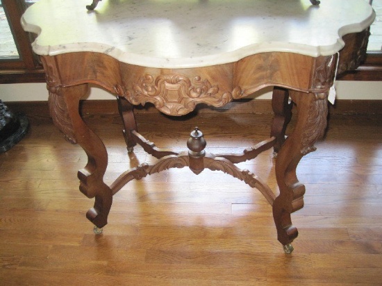 French Inspired Mahogany Marble Top Parlor Center Table