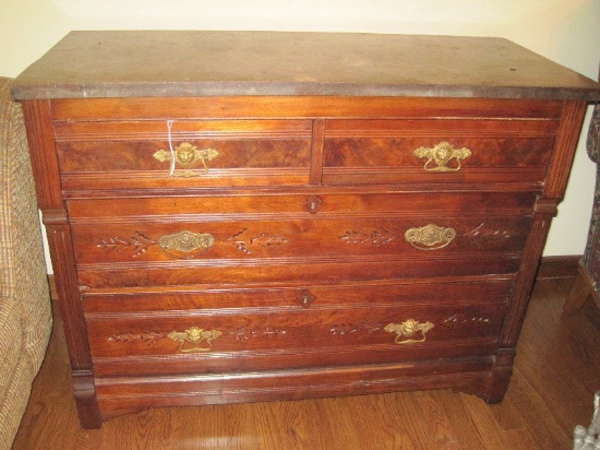 Walnut Eastlake Marble Top 2 Over 2 Chest w/ Butter Mold Design